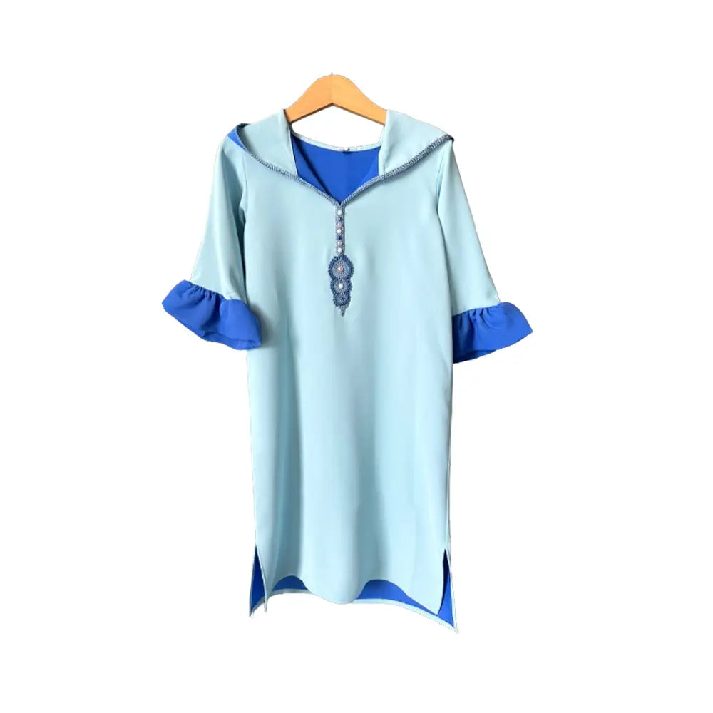 Double-Sided Crepe Djellaba with Blue Beads