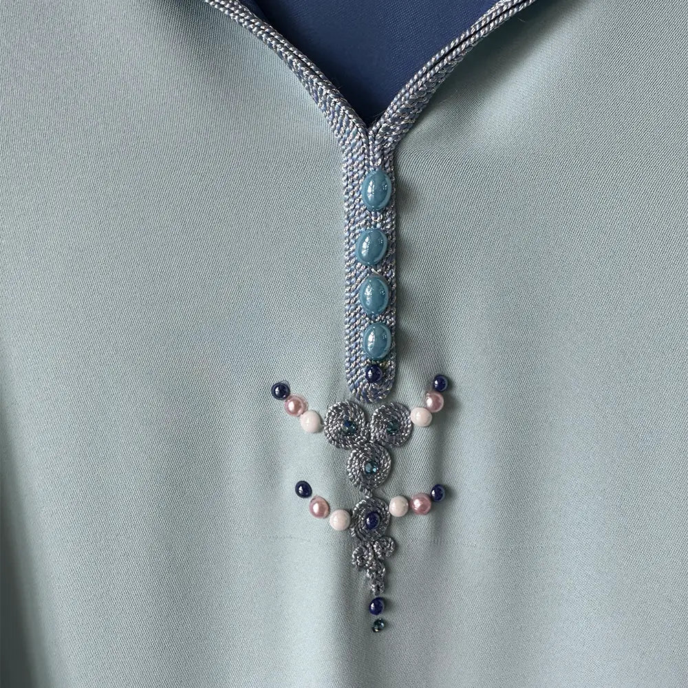 Double-Sided Crepe Djellaba with Blue Beads