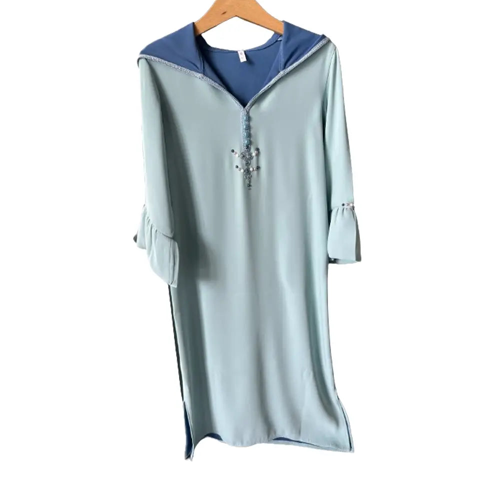 Double-Sided Crepe Djellaba with Blue Beads