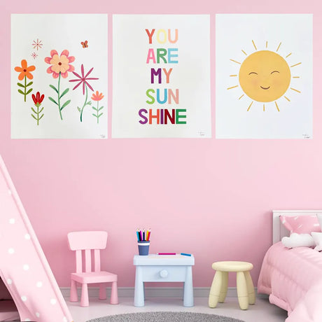 Ensemble de 3 Toiles en Acrylique Décoratives - Soleil & You Are My Sun Shine & Fleurs