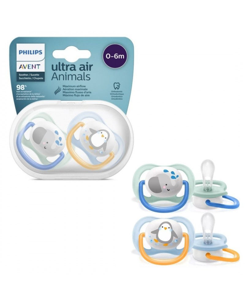 Avent Lot de 2 Sucettes Orthodontiques Penguin & Éléphant 0-6m Garçon