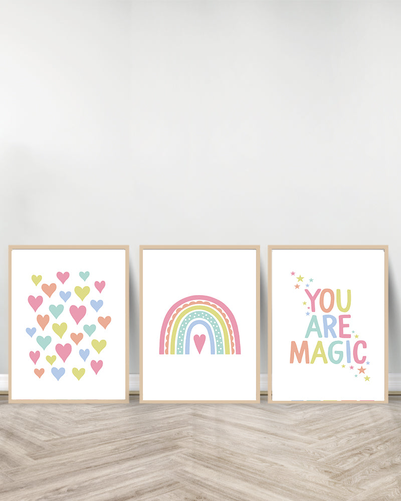 Set de 3 Cuadros Decorativos - Corazones | Arcoiris | Eres Magia - Madera
