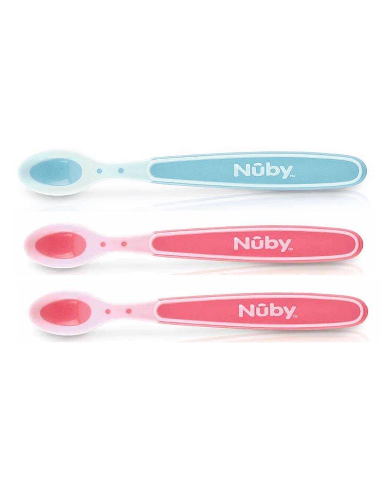 Lot de 3 cuillères Nûby thermosensibles à bord doux +3m - Rose/Vert
