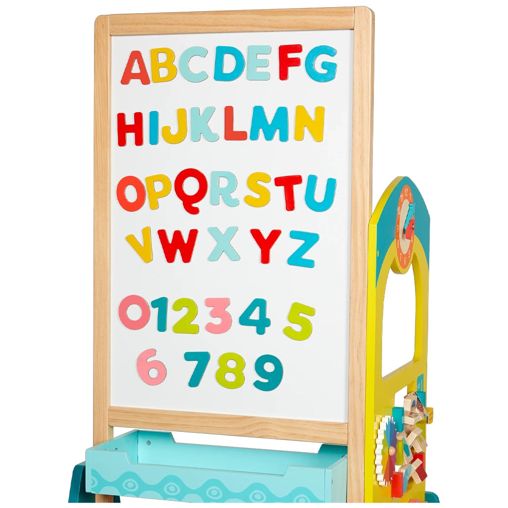 Mini Chevalet De Table En Bois Pour Enfants - Double Face Tableau Noir & Blanc Avec Lettres, Chiffres, Boulier Et Horloge - Pliable, Portable Et Super Mignon Dino Design !
