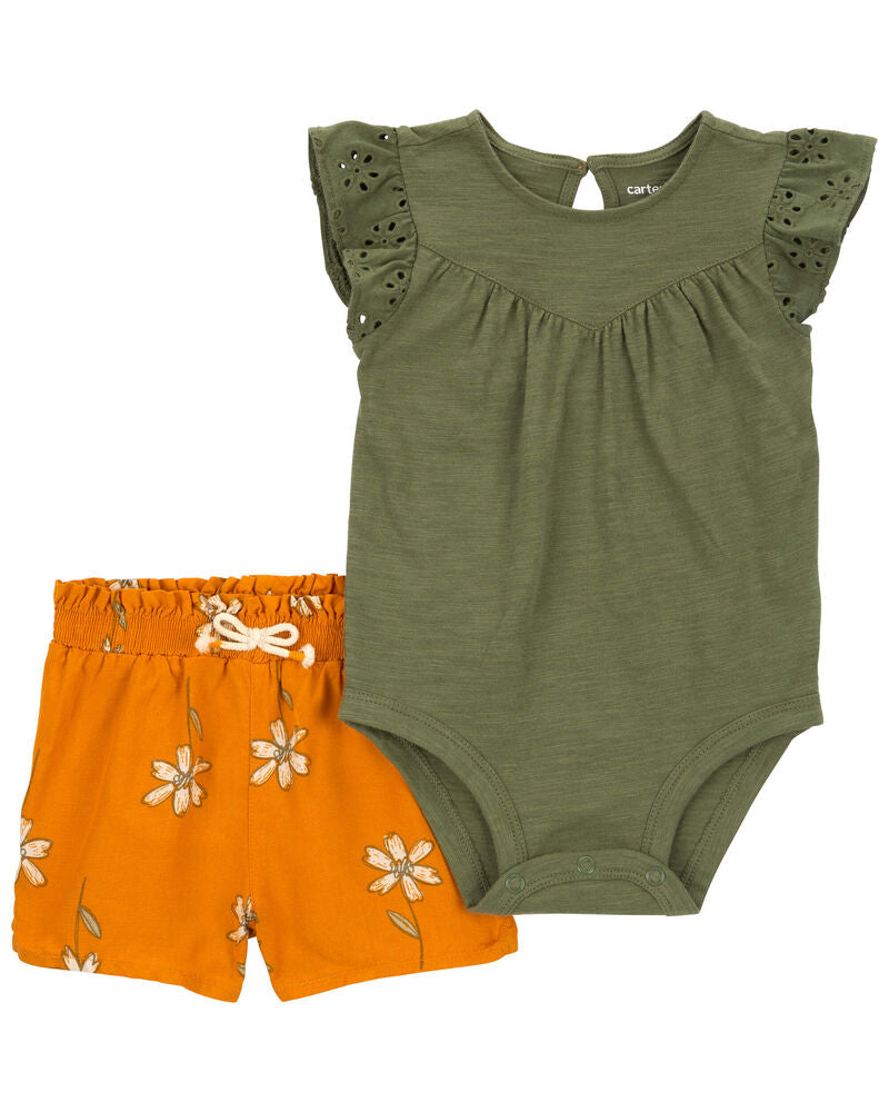 Ensemble 2 Pièces Body À Œillets & Short Carter's - Vert & Orange