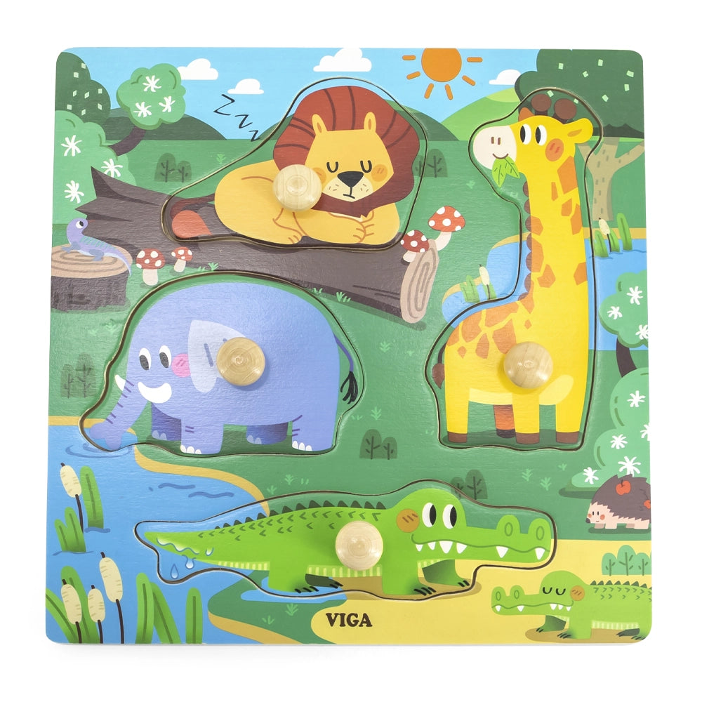 Viga Toys Puzzle à Boutons en Bois 12M+ - Animaux Sauvage