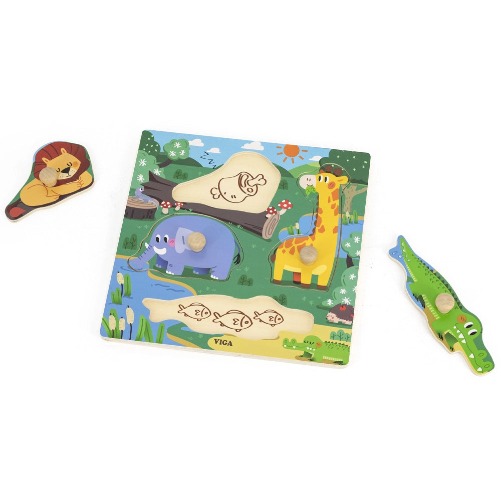 Viga Toys Puzzle à Boutons en Bois 12M+ - Animaux Sauvage