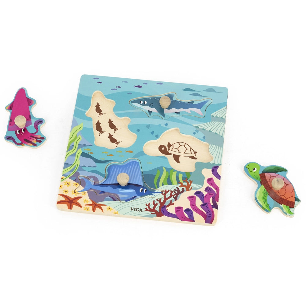 Viga Toys Puzzle à Boutons en Bois 12M+ - Animaux Marins