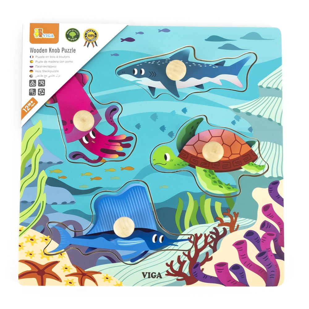Viga Toys Puzzle à Boutons en Bois 12M+ - Animaux Marins