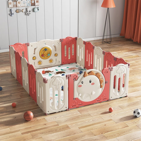 Baby Playpen Parc Pliable de Clôture 14+2 + Basketball - Dinosaure Rouge