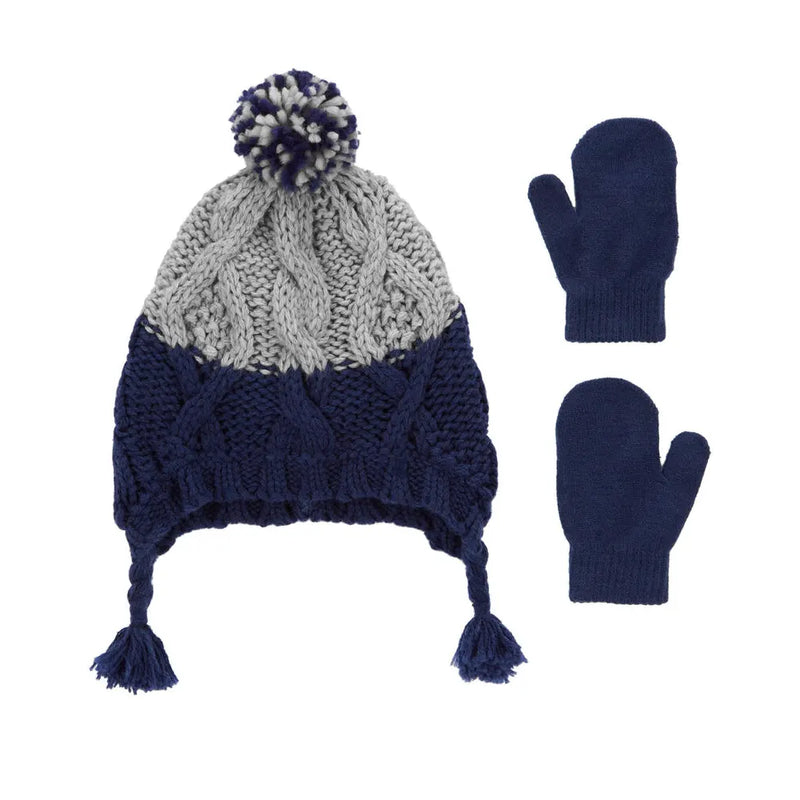 Carter's Pompom & Mittens Beanie - Blue & Gray