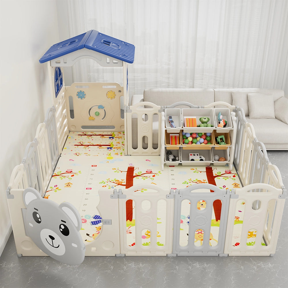 Foldable Playpen + Playhouse + Mat + 3-Tier Shelf (209x185cm) - Gray