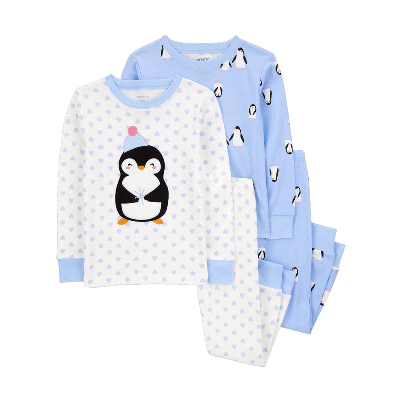 Pyjama 4 Pièces en Coton Bébé Carter's - Pingouin Blanc & Bleu