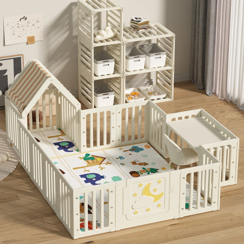 حديقة ألعاب (180×200 سم) سياج قابل للطي 12+1+1 + طاولة + منزل صغير + بساط