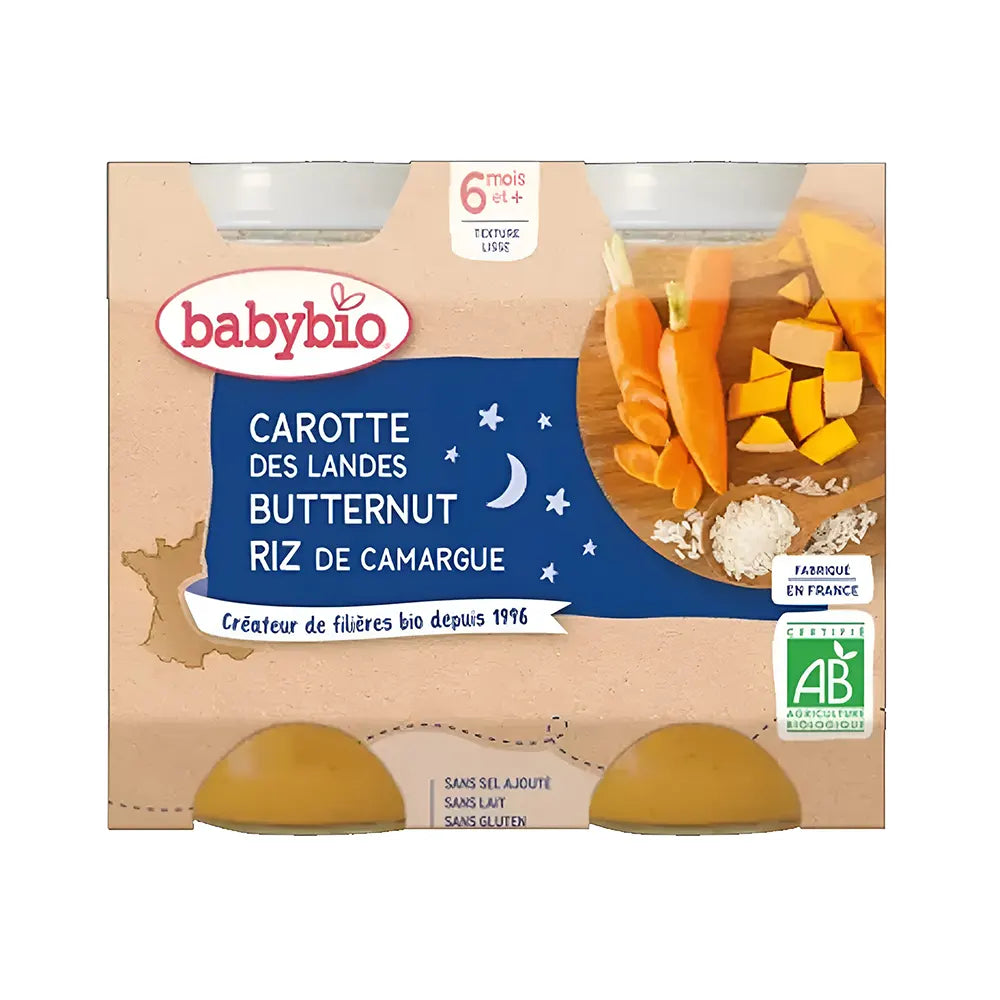 Babybio Pot Bonne Nuit Carotte Courge Butternut Riz 2x200g