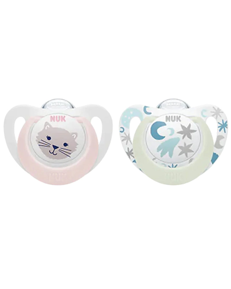 Set of 2 NUK Star Night & Day Pacifiers 0-6M - Stars & Cat