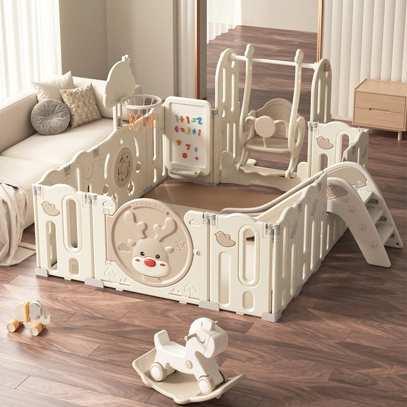 Parc de Jeux (152x158cm) + Balançoire + Toboggan + Tableau de Dessin + Panier de Basket + Tapis - Blanc