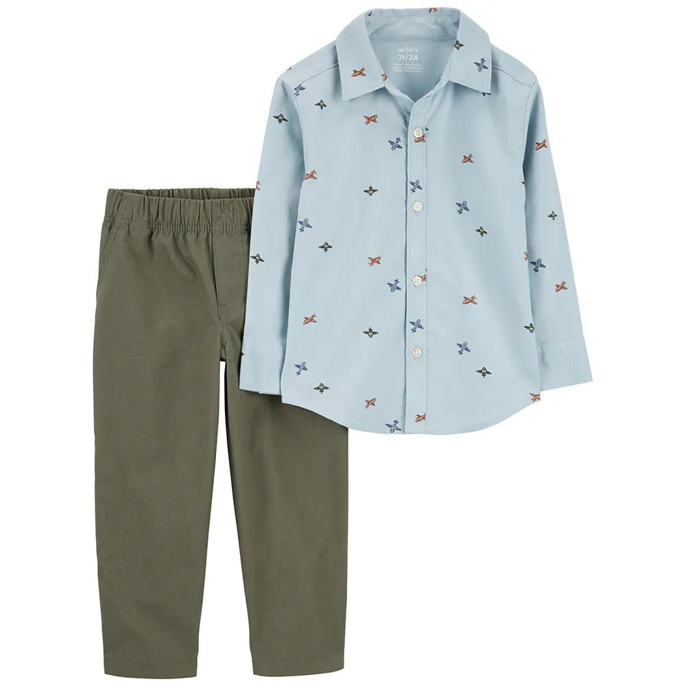 Ensemble 2 pièces bébé : chemise boutonnée motif avion et pantalon