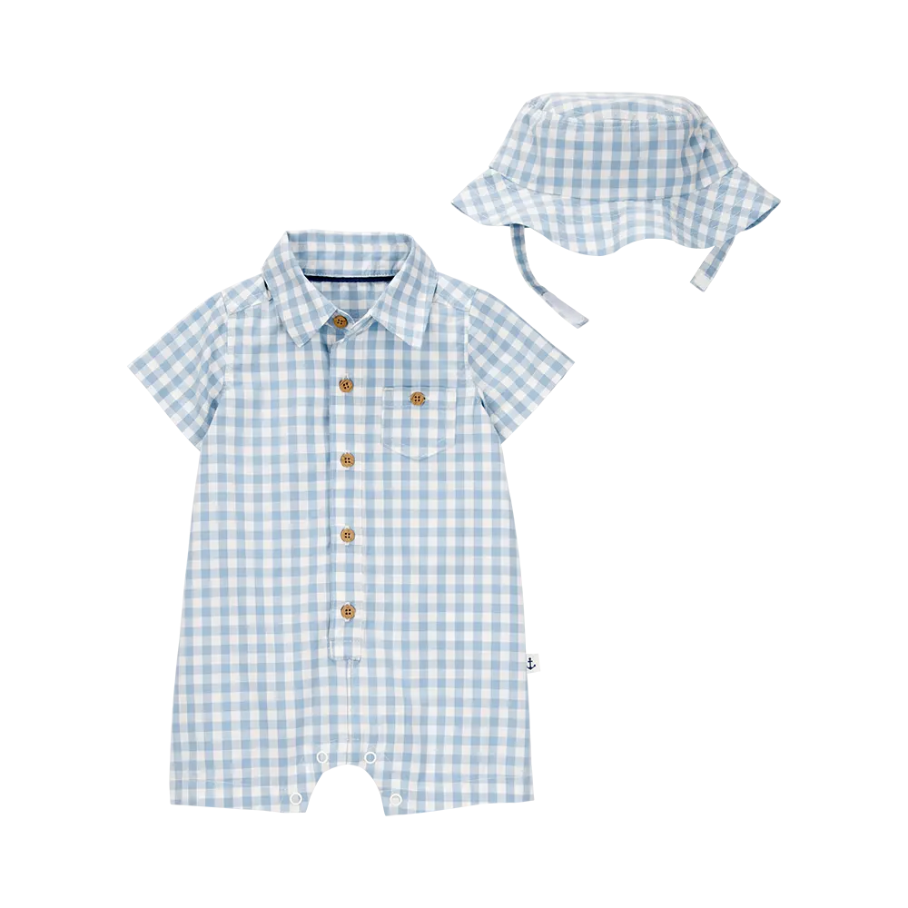 Ensemble barboteuse et chapeau vichy bébé garçon