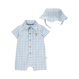 Ensemble barboteuse et chapeau vichy bébé garçon