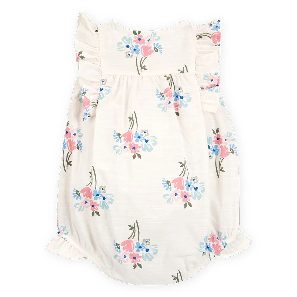 Barboteuse à bulles florale imitation lin bébé fille