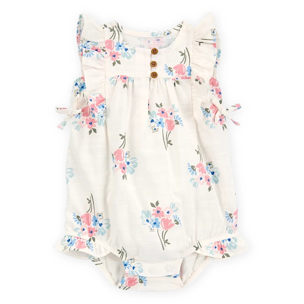 Barboteuse à bulles florale imitation lin bébé fille