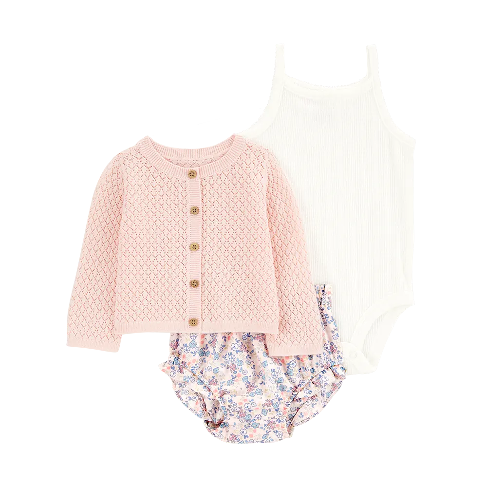 Ensemble 3 pièces cardigan fleuri bébé fille