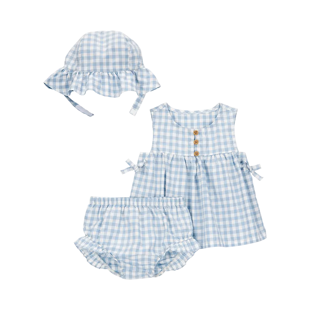 Ensemble 3 pièces vichy avec chapeau bébé fille