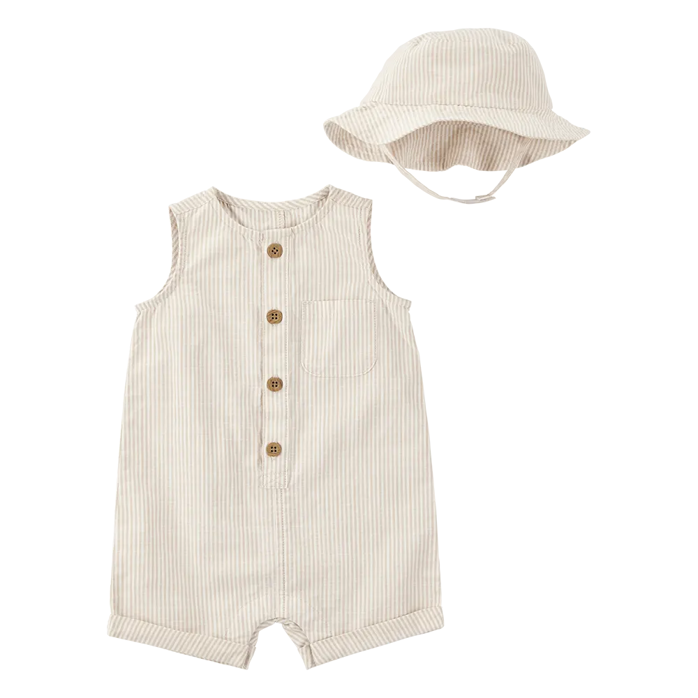 Ensemble barboteuse et chapeau en coton bébé garçon