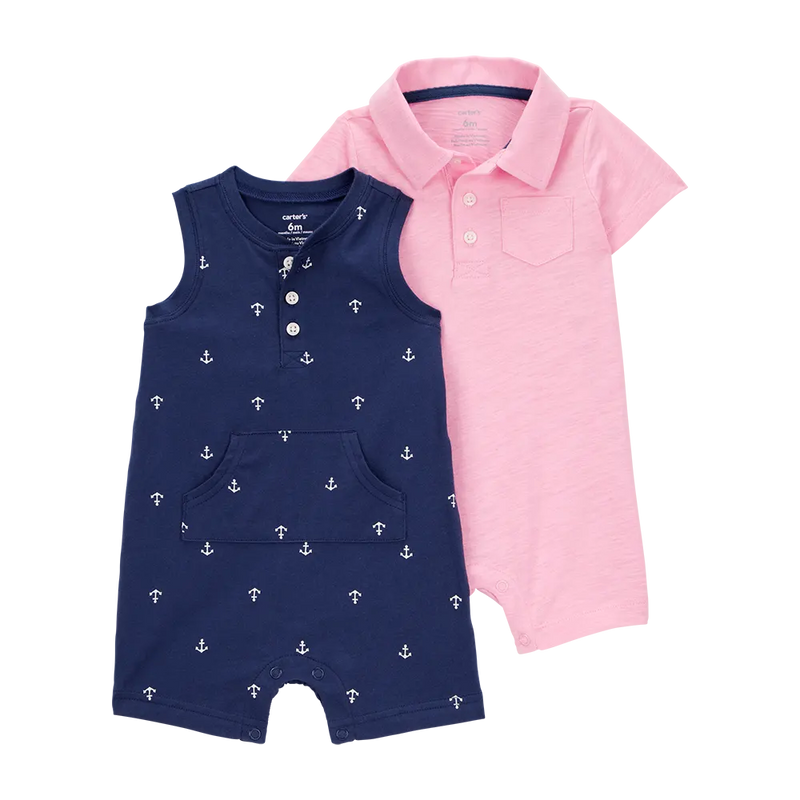 Carter's Set of 2 Baby Boy Polo Rompers - Blue & Pink