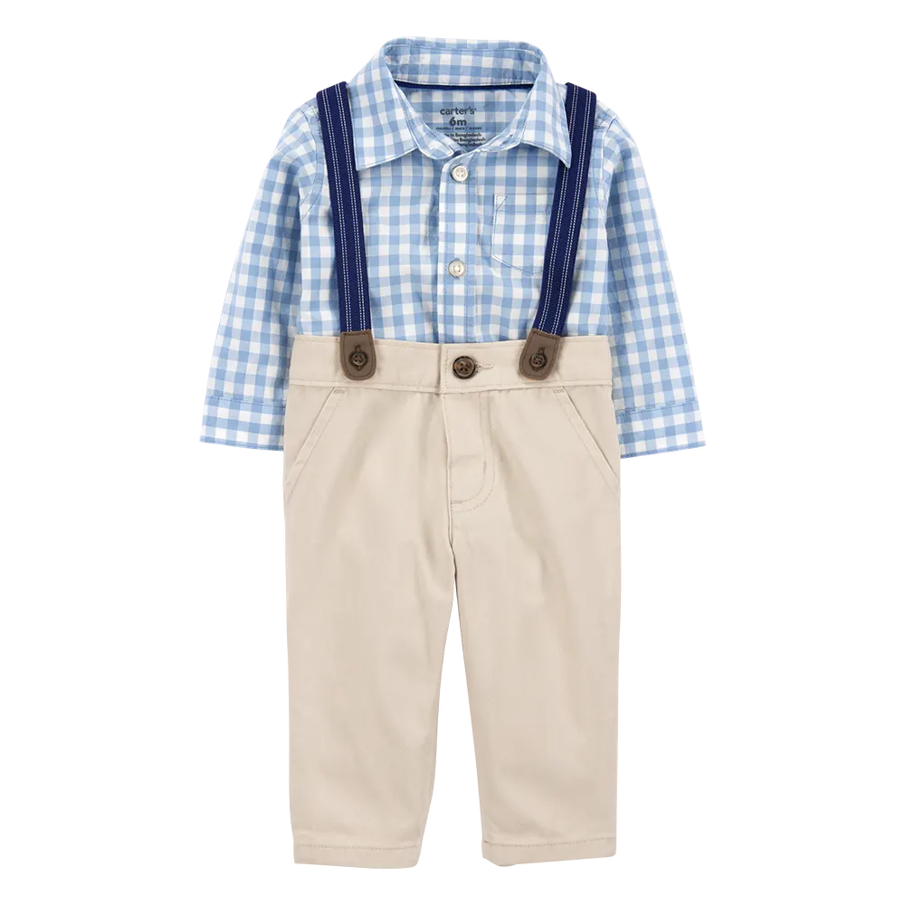 Ensemble 3 pièces à bretelles vichy bébé garçon