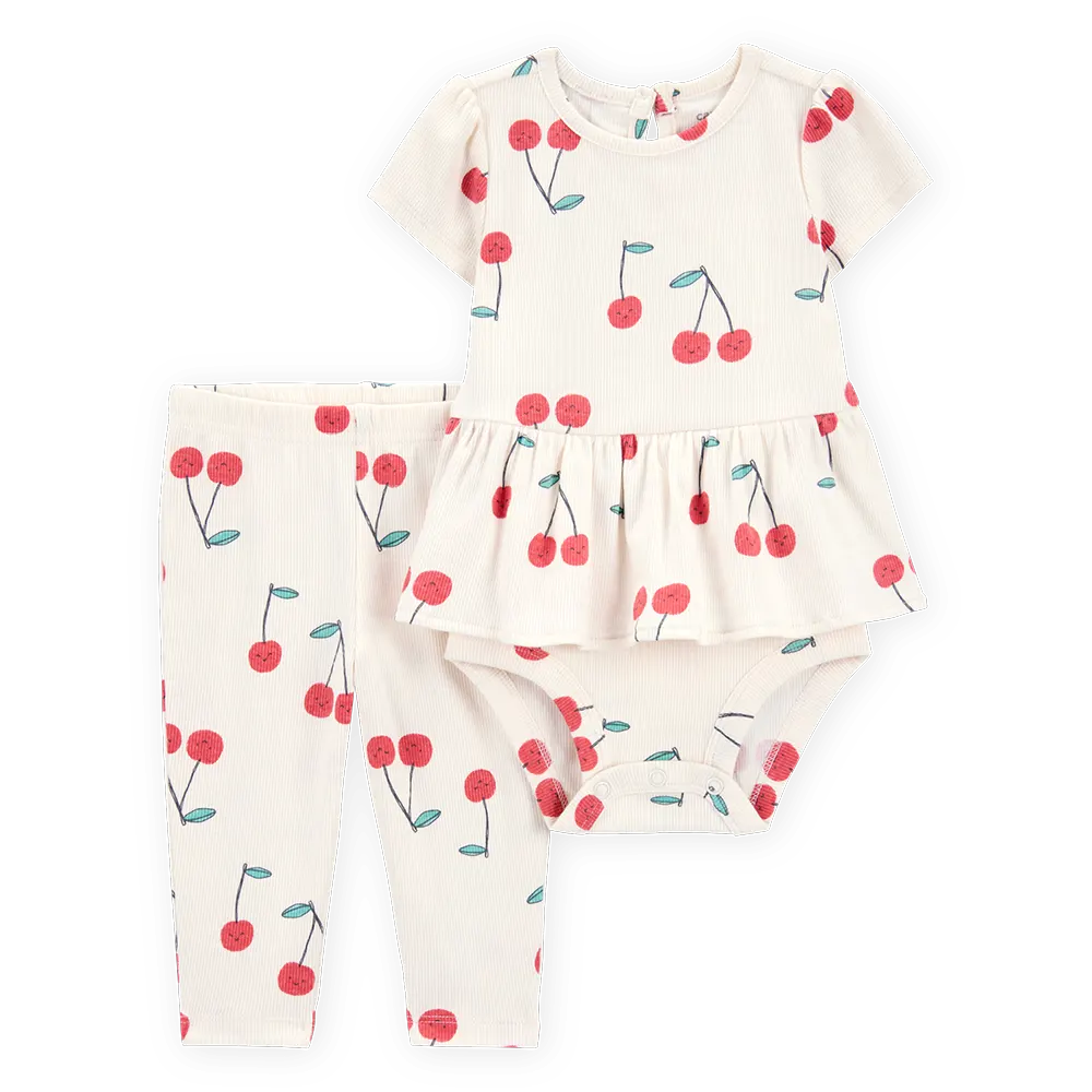 Ensemble body péplum et pantalon cerise bébé fille