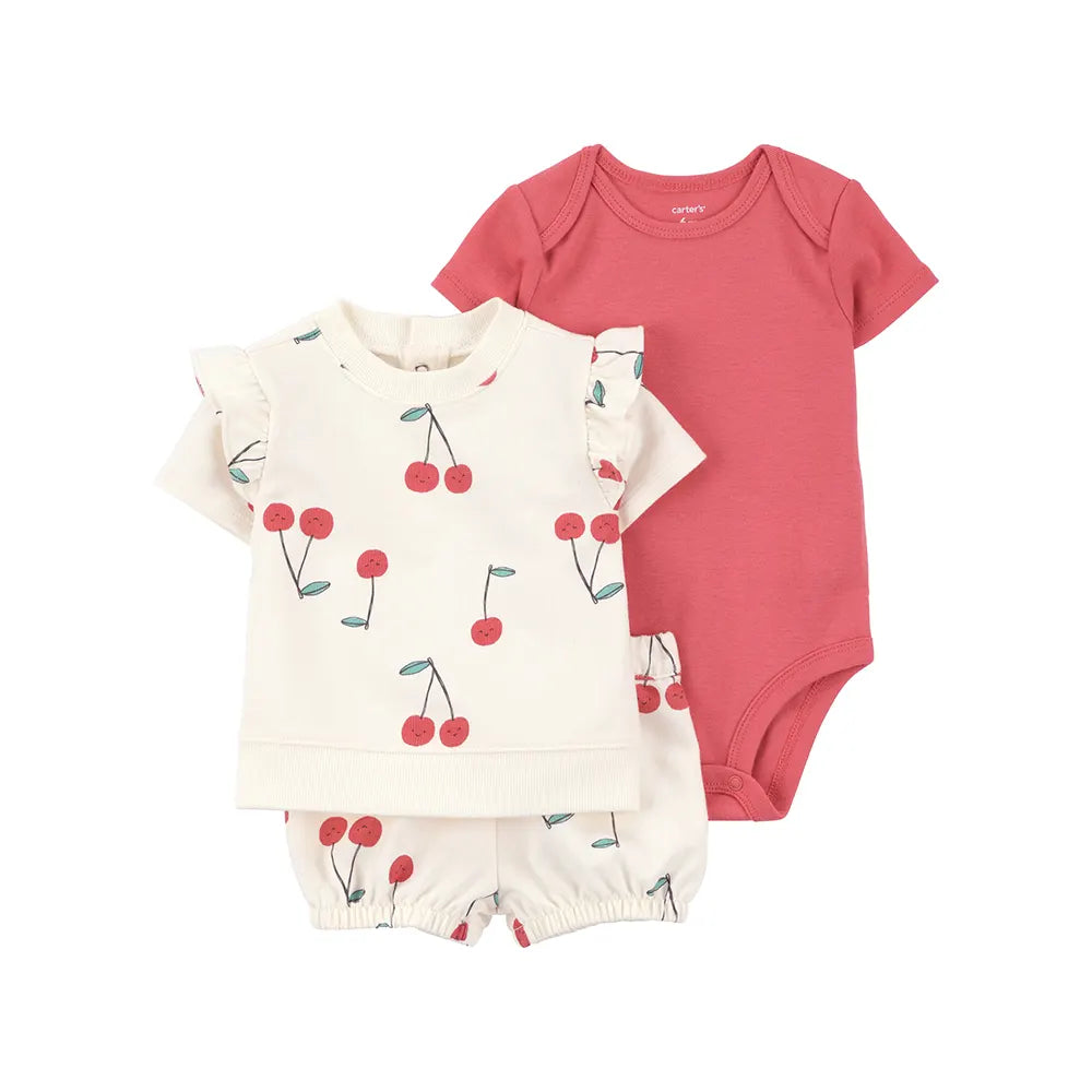 Ensemble 3 pièces cerise pour bébé fille - Coton