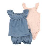 Ensemble 3 pièces en chambray pour bébé fille