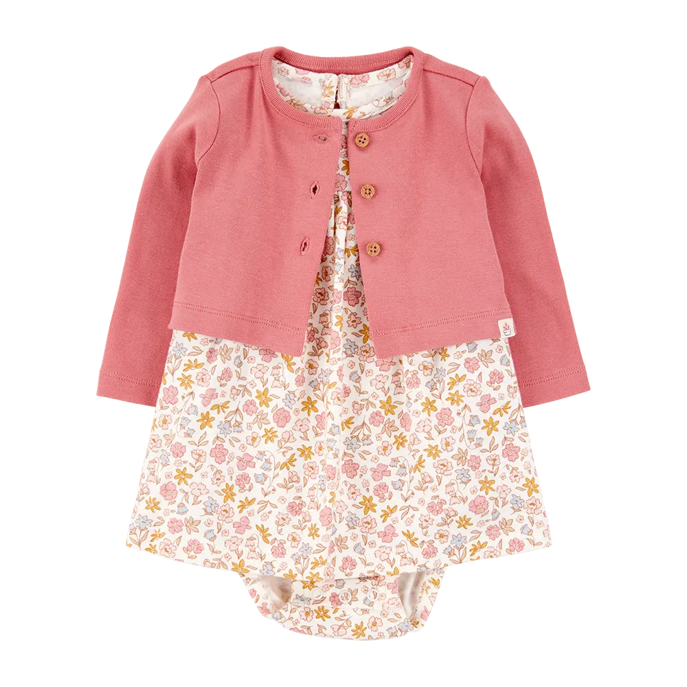 Ensemble robe-body et cardigan bébé fille - Rose