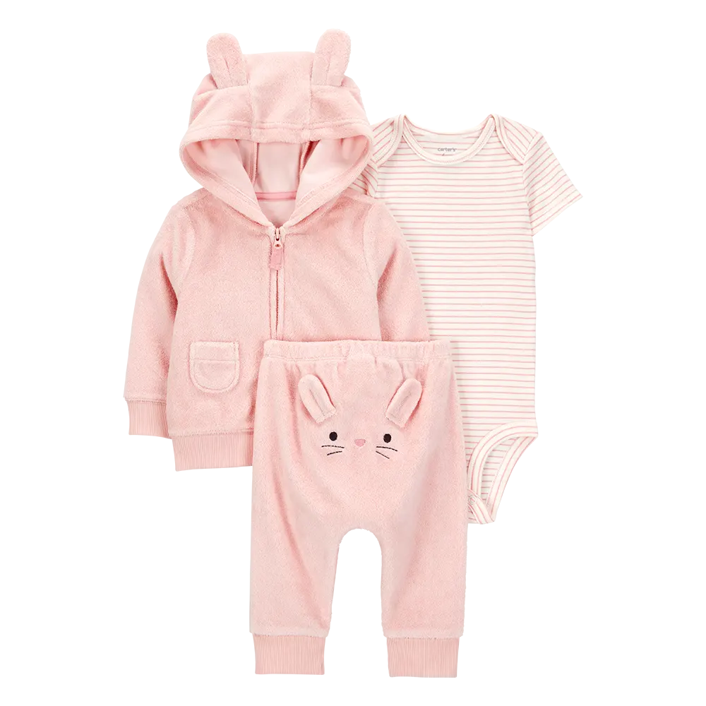 Ensemble 3 pièces cardigan lapin bébé fille - Rose