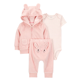 Ensemble 3 pièces cardigan lapin bébé fille - Rose