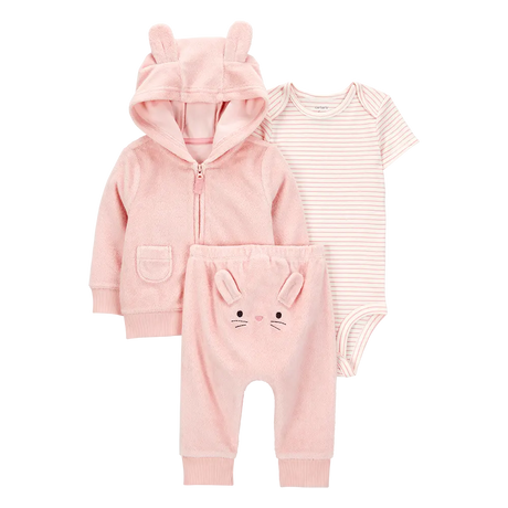 Ensemble 3 pièces cardigan lapin bébé fille - Rose