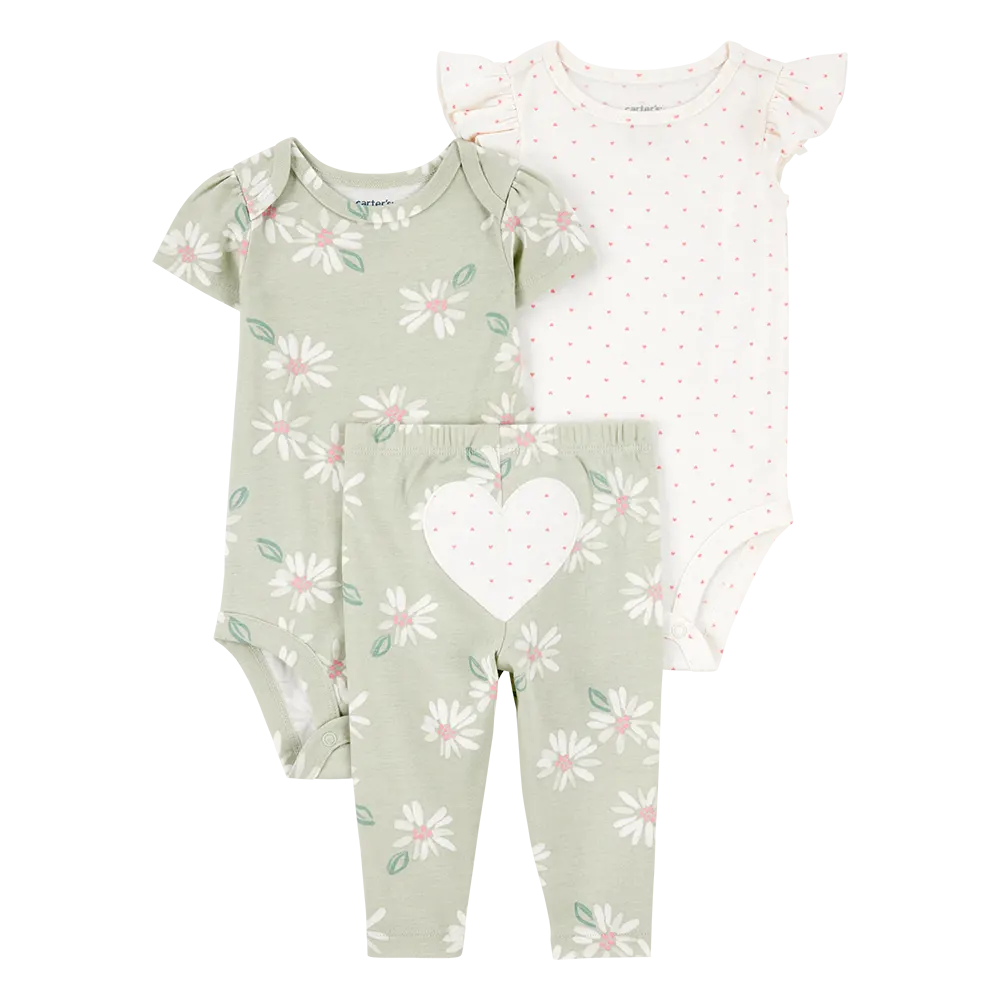 Ensemble 3 pièces cœur pour bébé fille - Coton