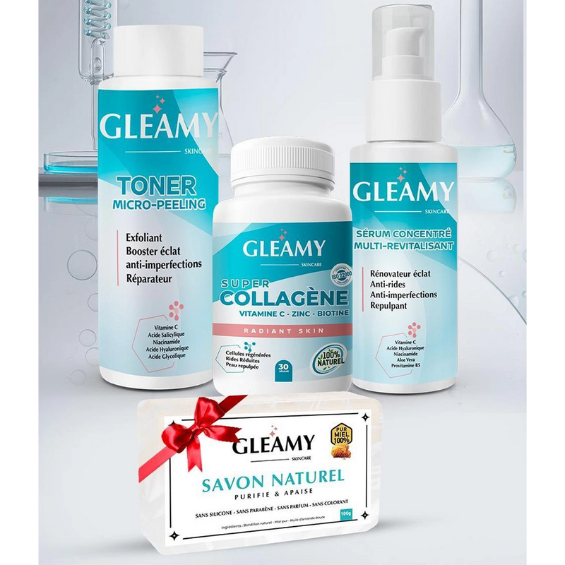 Gleamy Rutina Completa para la Piel: Tónico 100ml + Colágeno Caja de 30 Cápsulas + Sérum 50ml = Jabón de Regalo