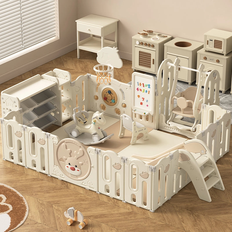 Parc de Jeux Géant (190x228cm)+ Tapis + Chaise + Bibliothèque + Étagère à Jouets + Combinaison d'Aire de Jeux - Blanc