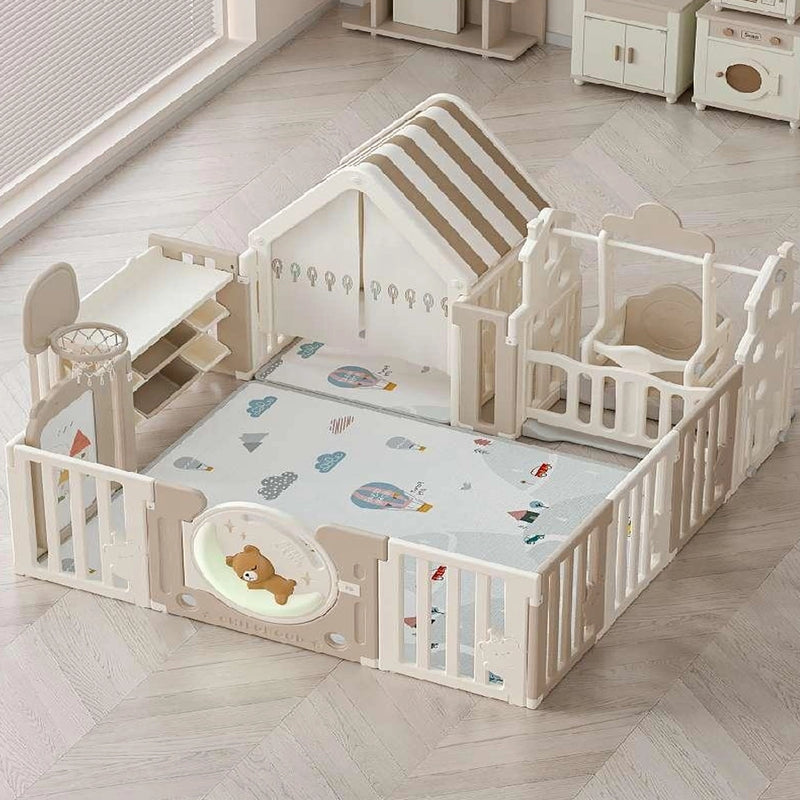 Parc de Jeux (150x180cm) + Maison + Balançoire + Filet de Basketball + Tableau de Dessin + Étagère à Jouets - Marron