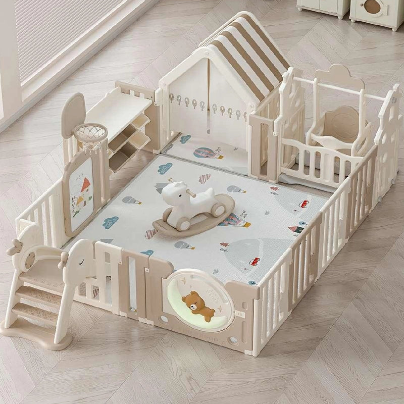 Parc de Jeux (180x200cm)+ Maison+ Balançoire + Cheval à Bascule + Toboggan + Étagère à Jouets + Tableau de Dessin + Tapis - Blanc