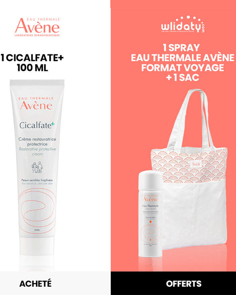 Offre : Eau Thermale Avène Cicalfate+ Crème Réparatrice Protectrice 100ml = Spray Eau Thermale + Sac Offert
