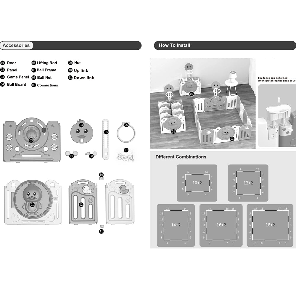 Parc de Jeux Pliable avec Filet de Basketball 14+2 - Canard Gris