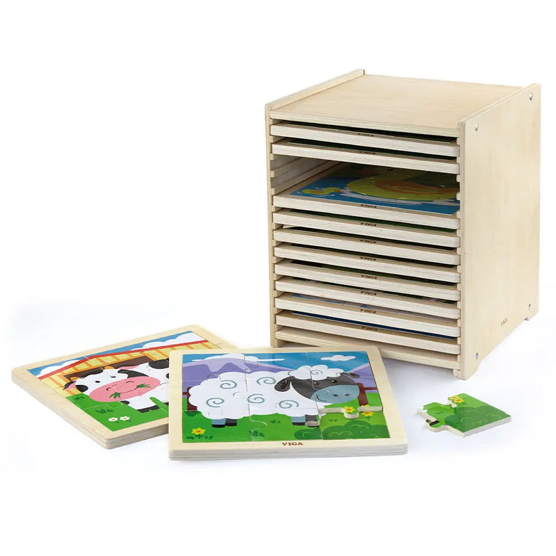 Viga Toys Set of 12 Flat Puzzles of 9 Pieces with Stand 18M+