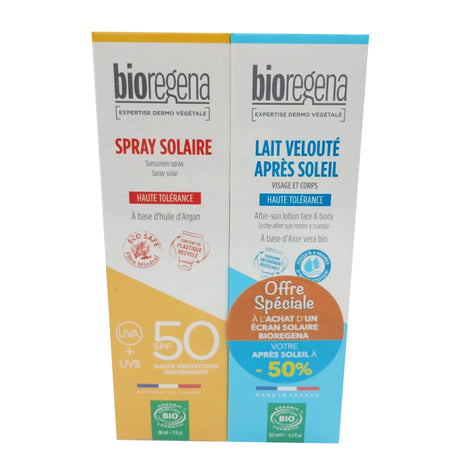 Bioregena Spray Solaire BIO SPF50 Adultes 90ml + Lait Velouté Après Soleil 125ml -50%