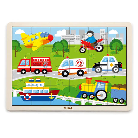 Viga Toys Puzzle 24 Pièces Véhicules en Bois 24M+