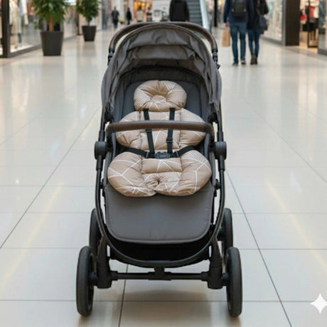 BébéYo Coussin de Poussette - Beige à Lignes Blanc