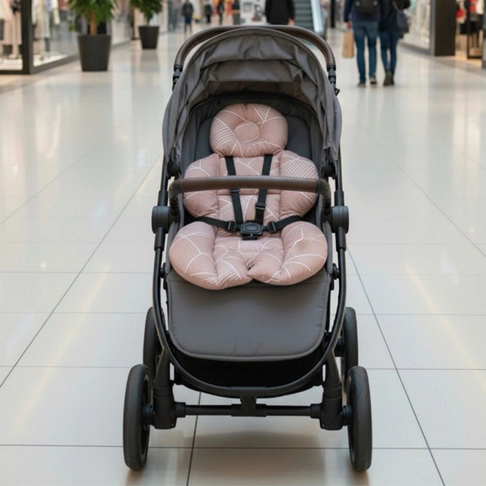 BébéYo Coussin de Poussette - Rose à Lignes Blanc